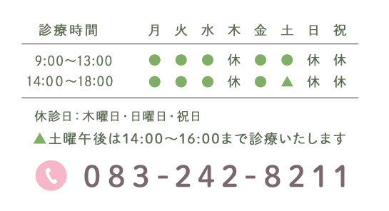 診療時間 月 火 水 木 金 土 日 祝 9:00～13:00 ● ● ● 休 ● ● 休 休 14:30～19:00 ● ● ● 休 ● ▲ 休 休 休診日:木曜日・日曜日・祝日 ▲土曜午後は14:30～17:00まで診療いたします 083-242-8211